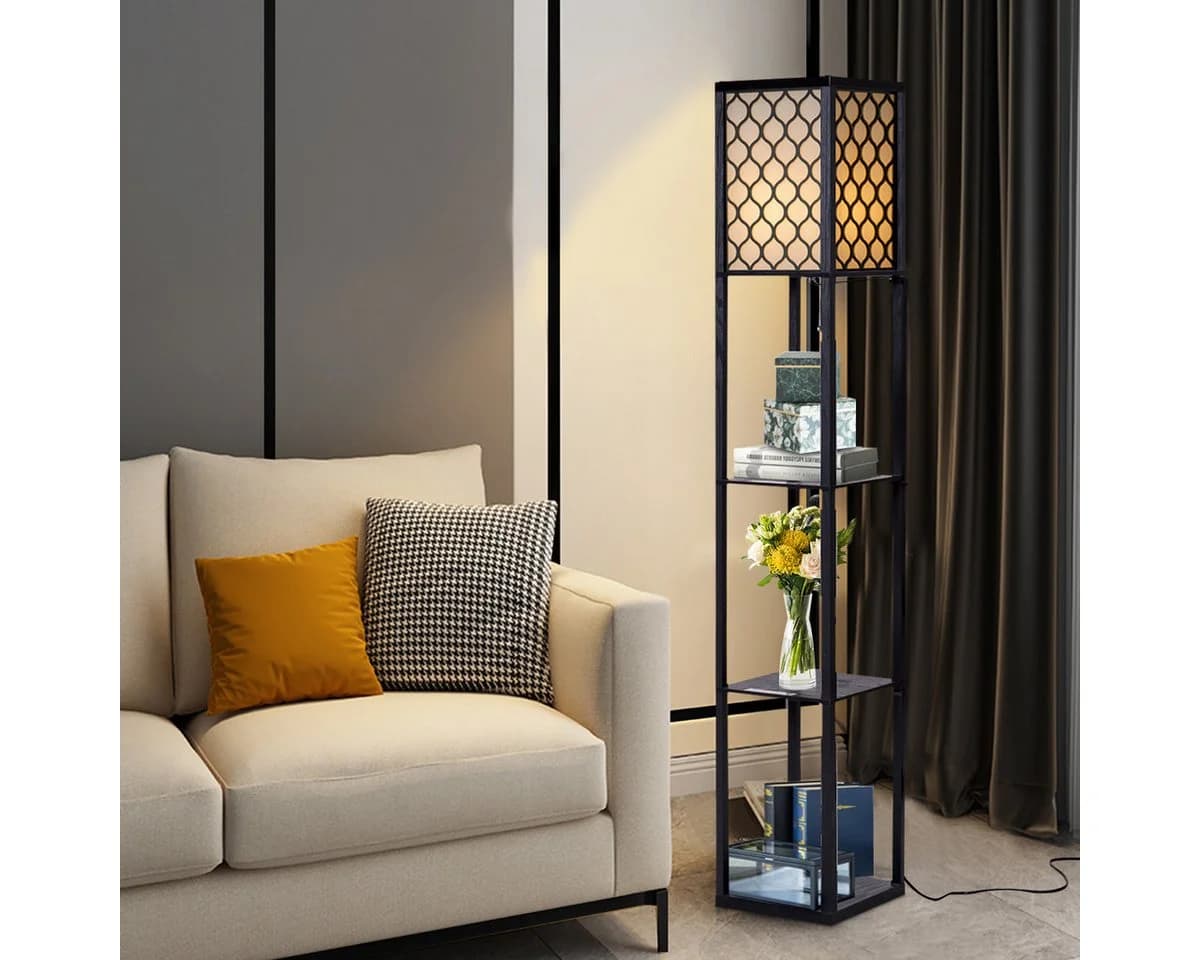 COSTWAY Stehlampe Schwarz mit 3 Regalen