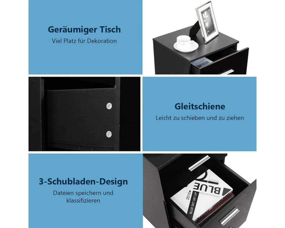 COSTWAY Aktenschrank 3 Schubladen Schwarz Büroschrank Beistelltisch - Bild 5