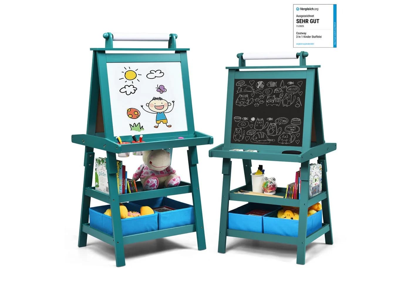 COSTWAY Kinder Staffelei Blau Doppelseitig mit Magneten & 2 Boxen - Bild 2