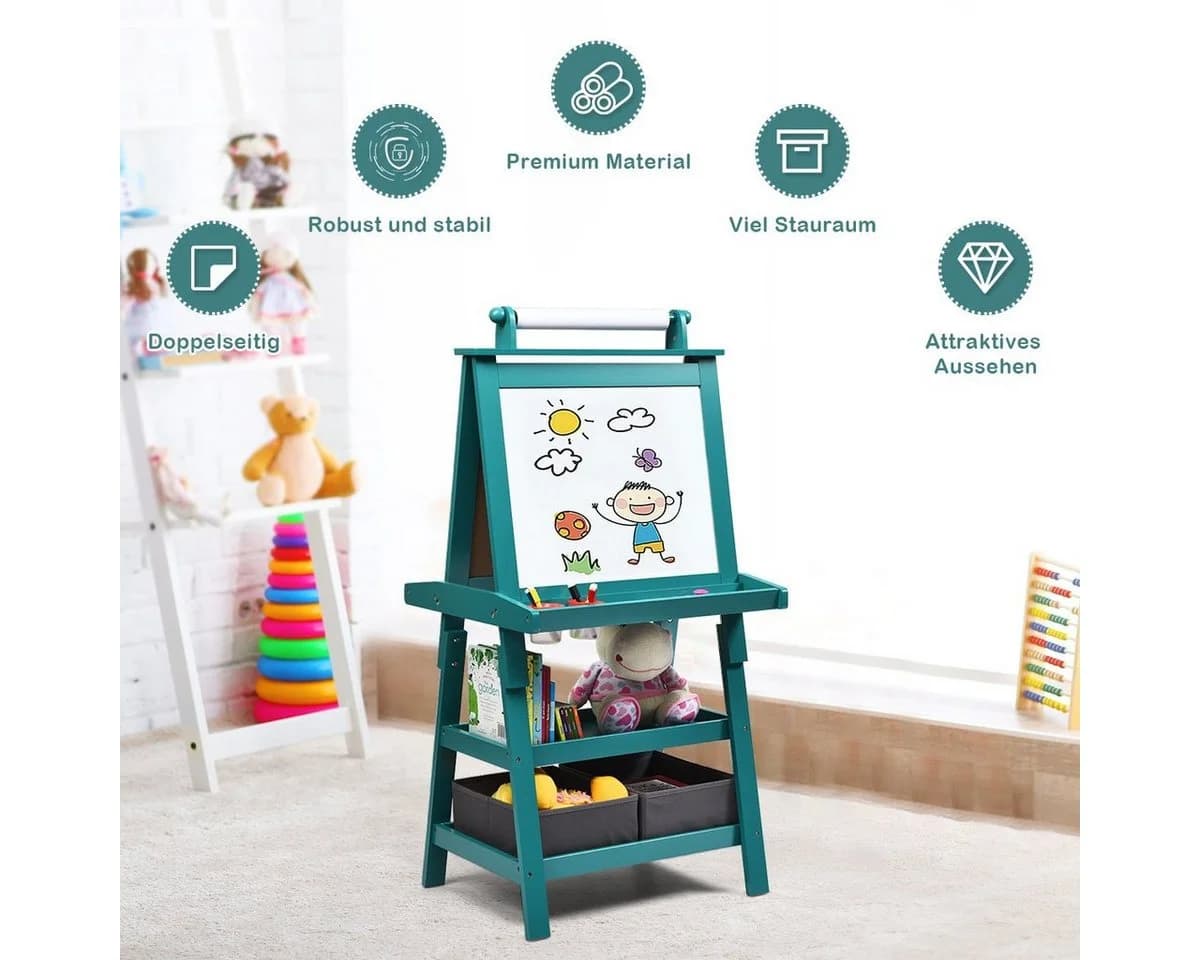 COSTWAY Kinder Staffelei Blau Doppelseitig mit Magneten & 2 Boxen - Bild 3