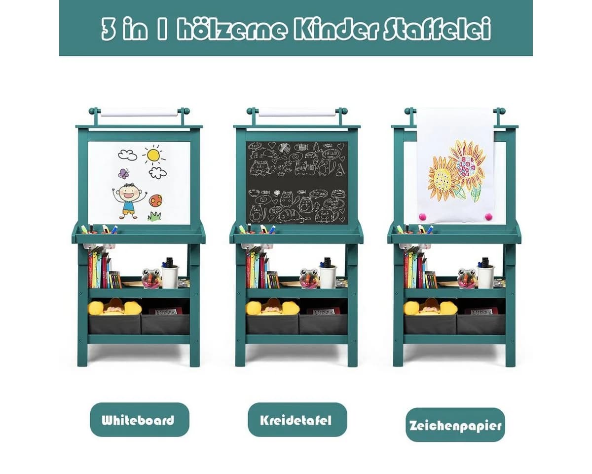 COSTWAY Kinder Staffelei Blau Doppelseitig mit Magneten & 2 Boxen - Bild 4