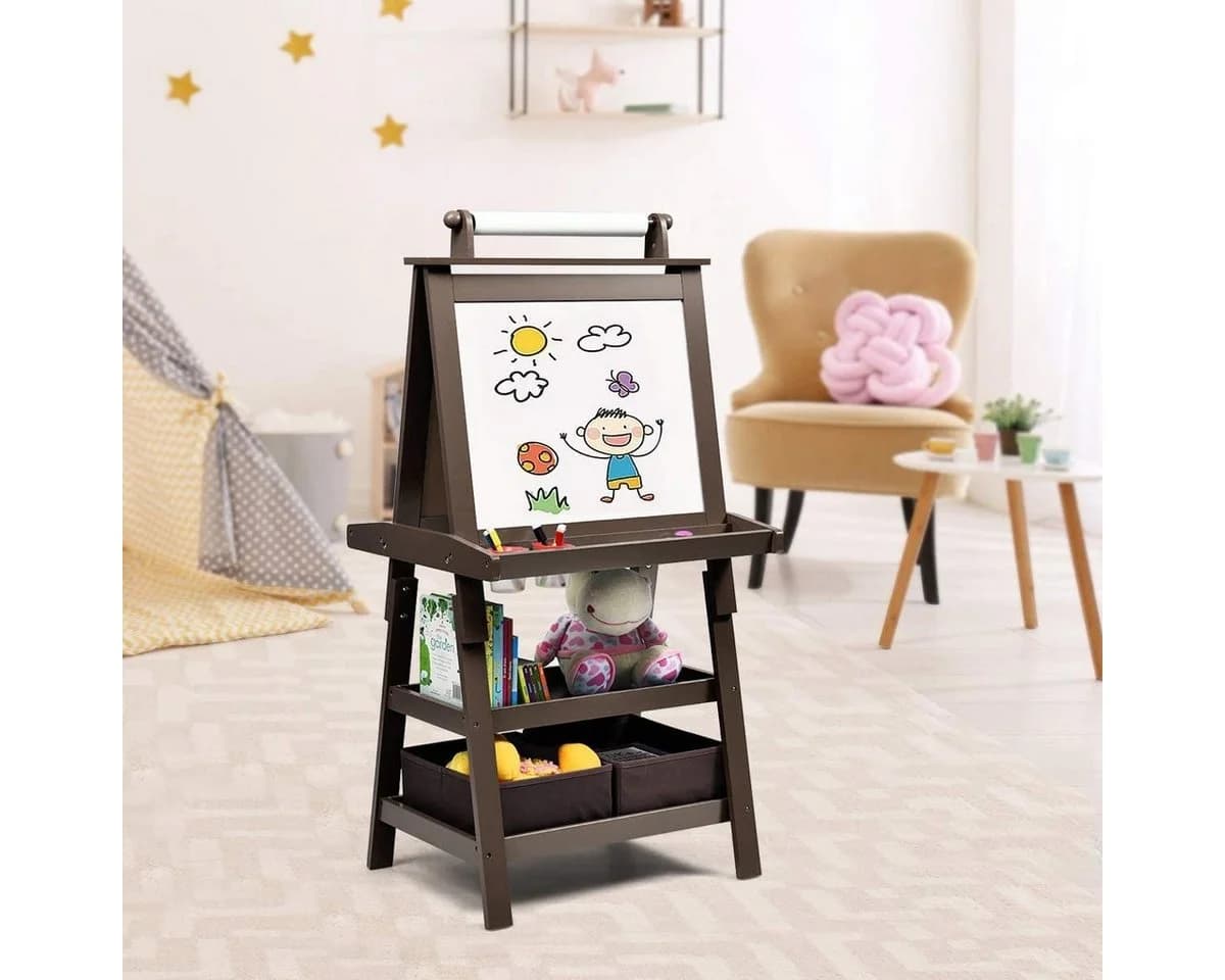 COSTWAY Kinder Staffelei Doppelseitig mit Magneten & 2 Boxen