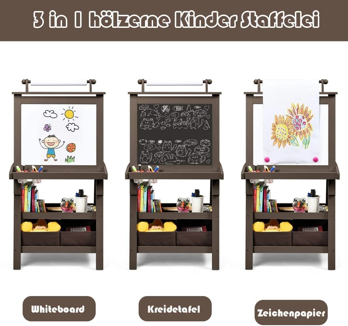 COSTWAY Kinder Staffelei Doppelseitig mit Magneten & 2 Boxen - Bild 4