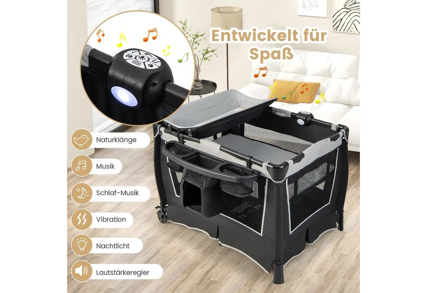 COSTWAY Baby-Reisebett Faltbar mit Spielbügel & Musikbox - Bild 3