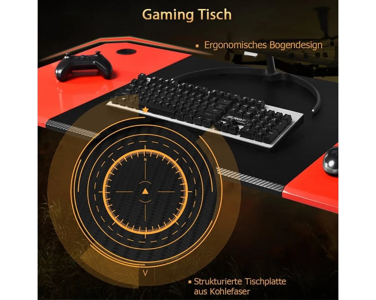 COSTWAY Gamingtisch 120cm mit Becherhalter & Headset-Haken Rot/Schwarz - Bild 3