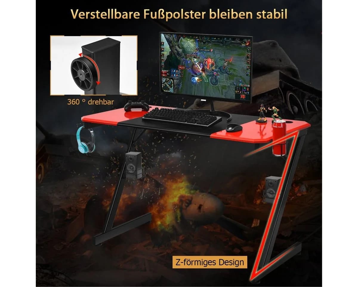 COSTWAY Gamingtisch 120cm mit Becherhalter & Headset-Haken Rot/Schwarz - Bild 4