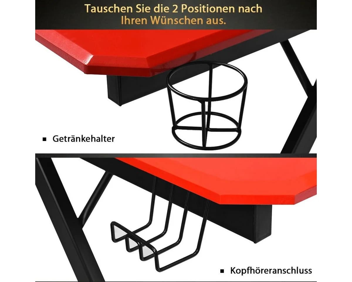 COSTWAY Gamingtisch 120cm mit Becherhalter & Headset-Haken Rot/Schwarz - Bild 5