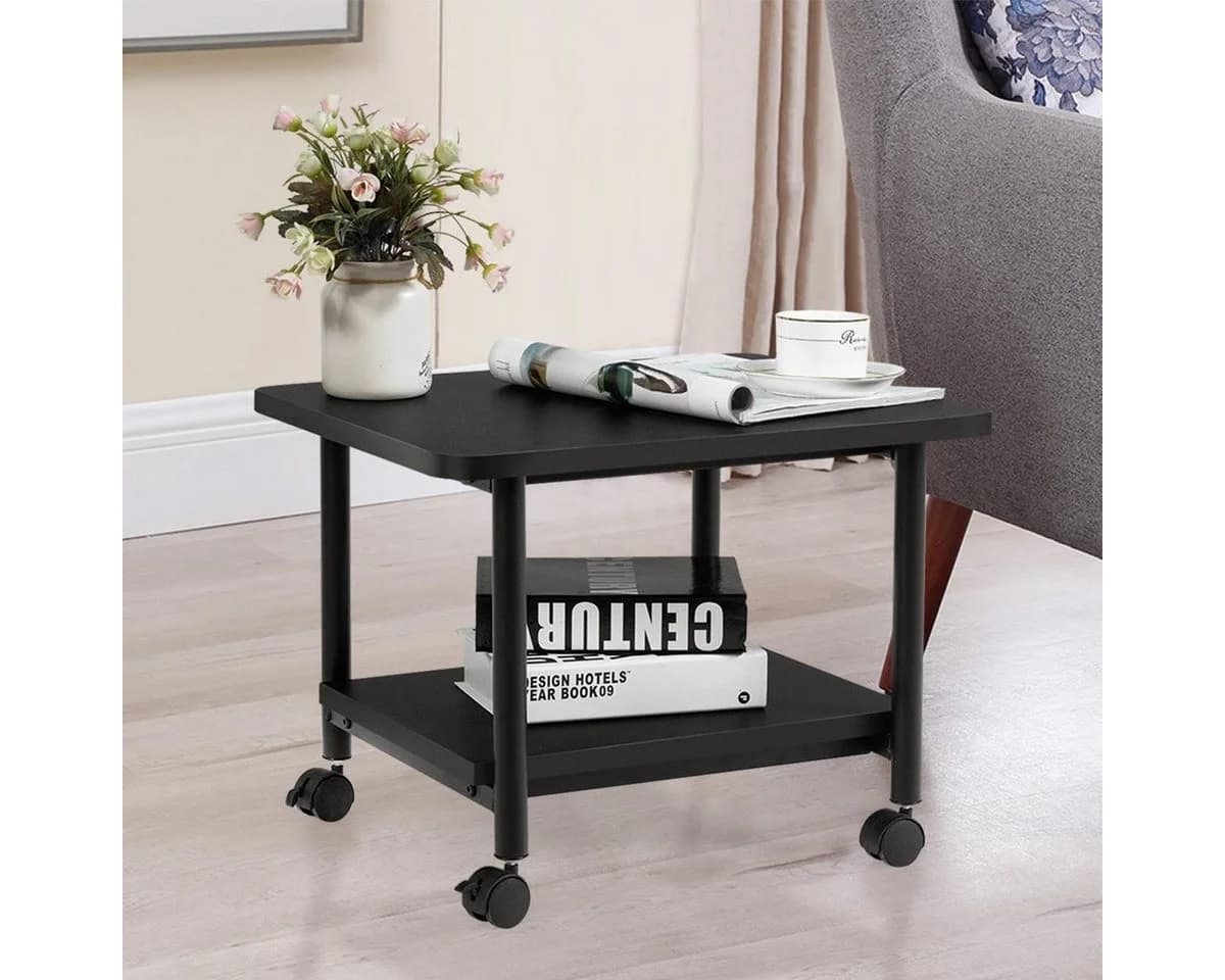 COSTWAY Druckertisch Schwarz mit 2 Ebenen und Rollen