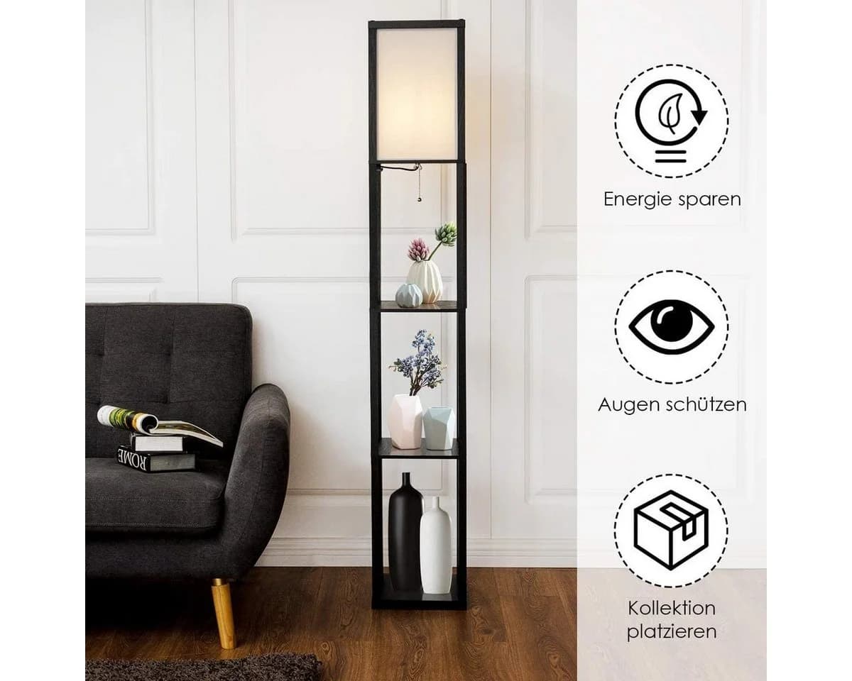 COSTWAY Stehleuchte Schwarz mit 3-Ebenen-Regal - Bild 3