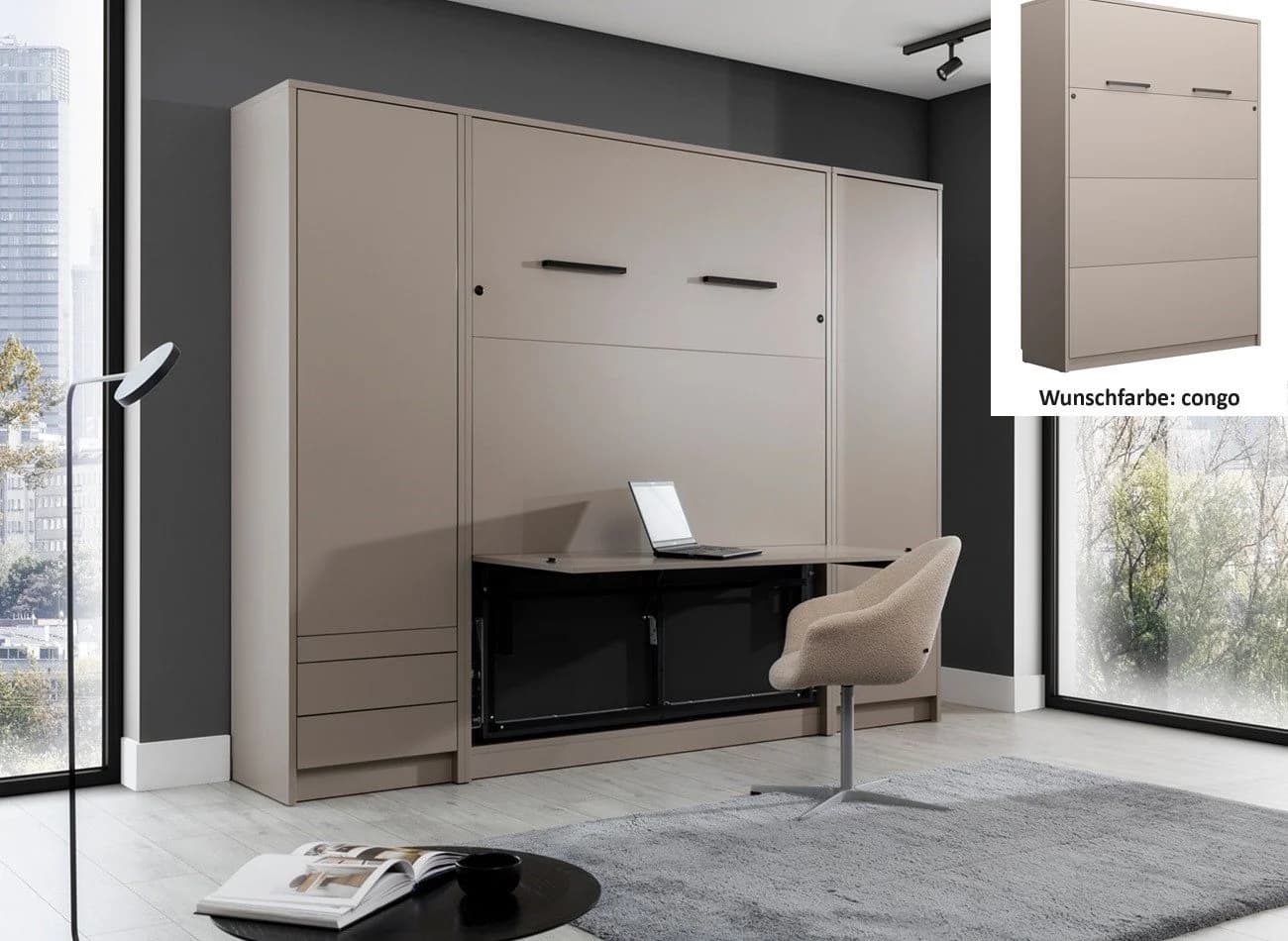 QMM TraumMöbel Schrankbett Wandbett GN 140x200 mit LED, Schreibtisch & 2 Schränken Grau - Bild 2