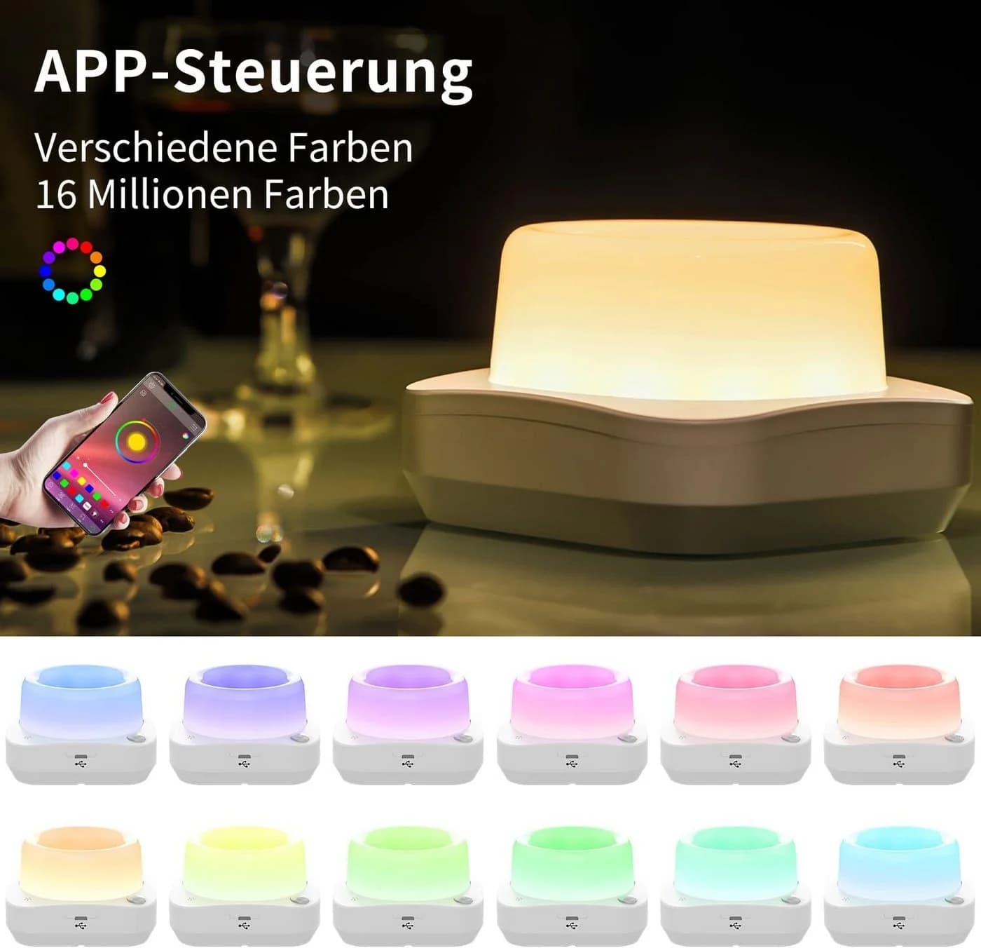 Diyarts LED Nachtlicht Farbwechsel App-Steuerung USB-Aufladbar
