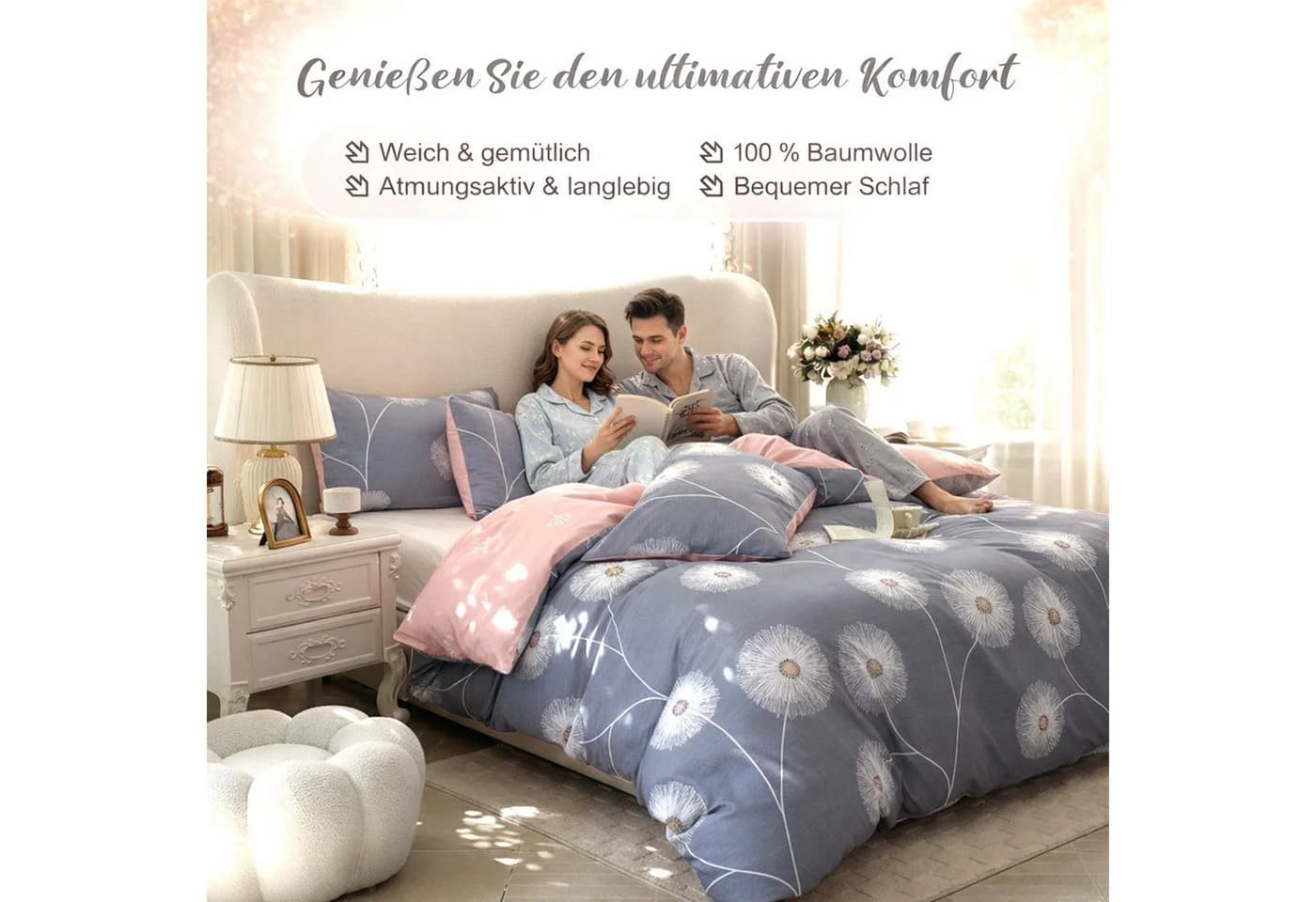 Geblümte Wendebettwäsche aus Baumwolle in Grau und Rosa - Bild 3