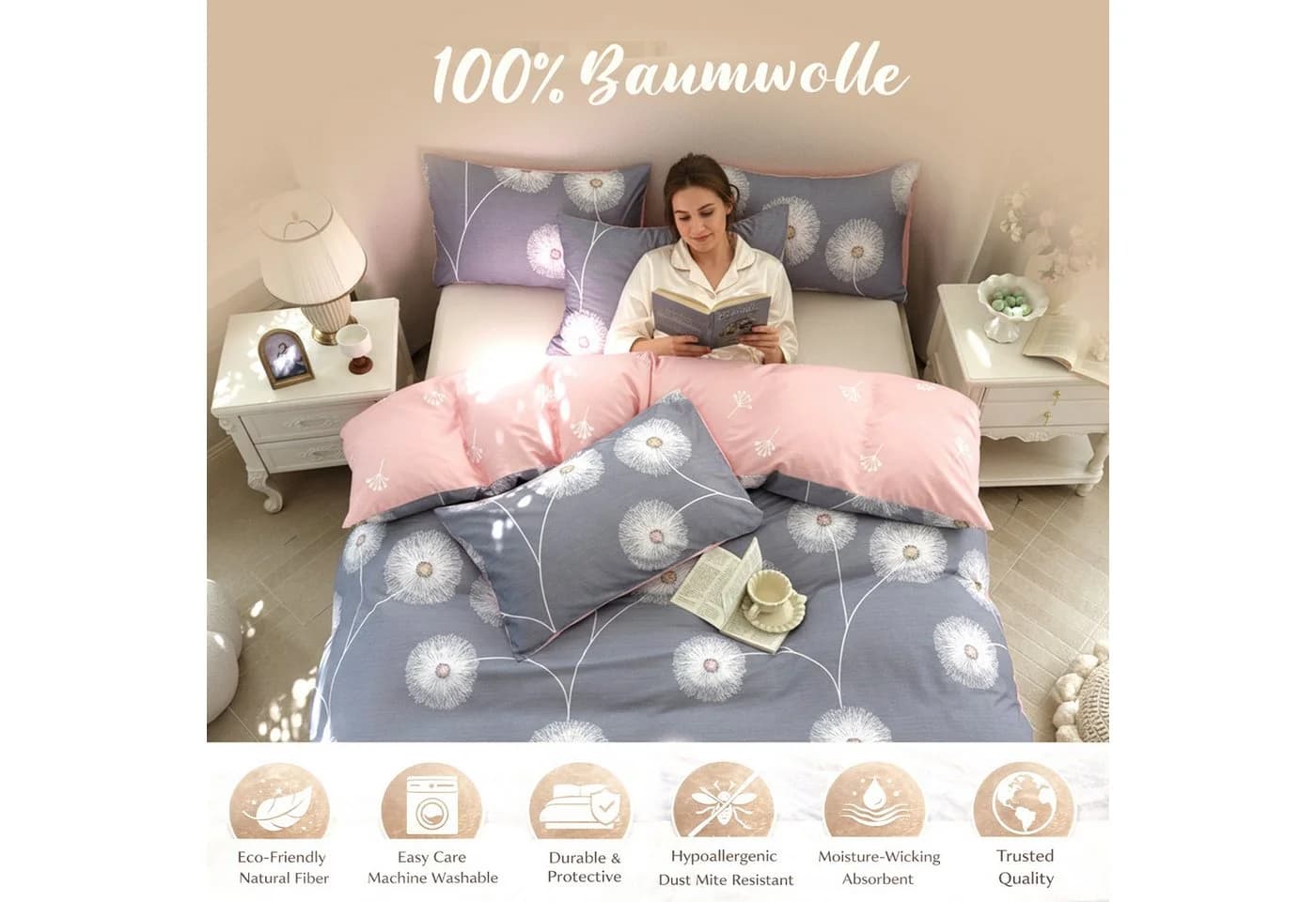 Geblümte Wendebettwäsche aus Baumwolle in Grau und Rosa - Bild 4