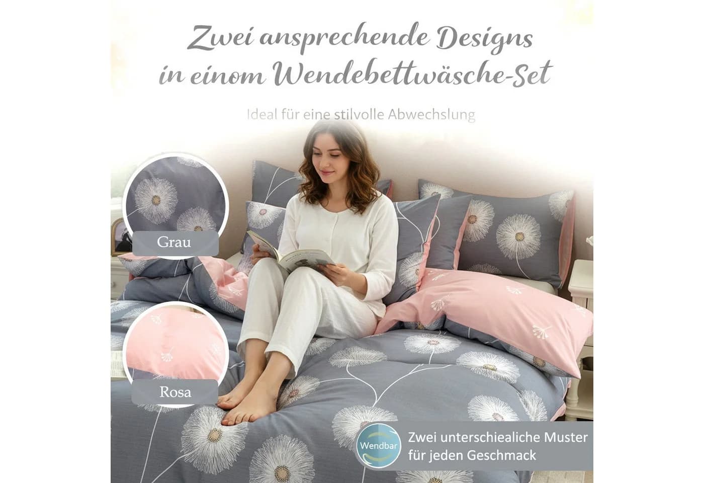 Geblümte Wendebettwäsche aus Baumwolle in Grau und Rosa - Bild 5