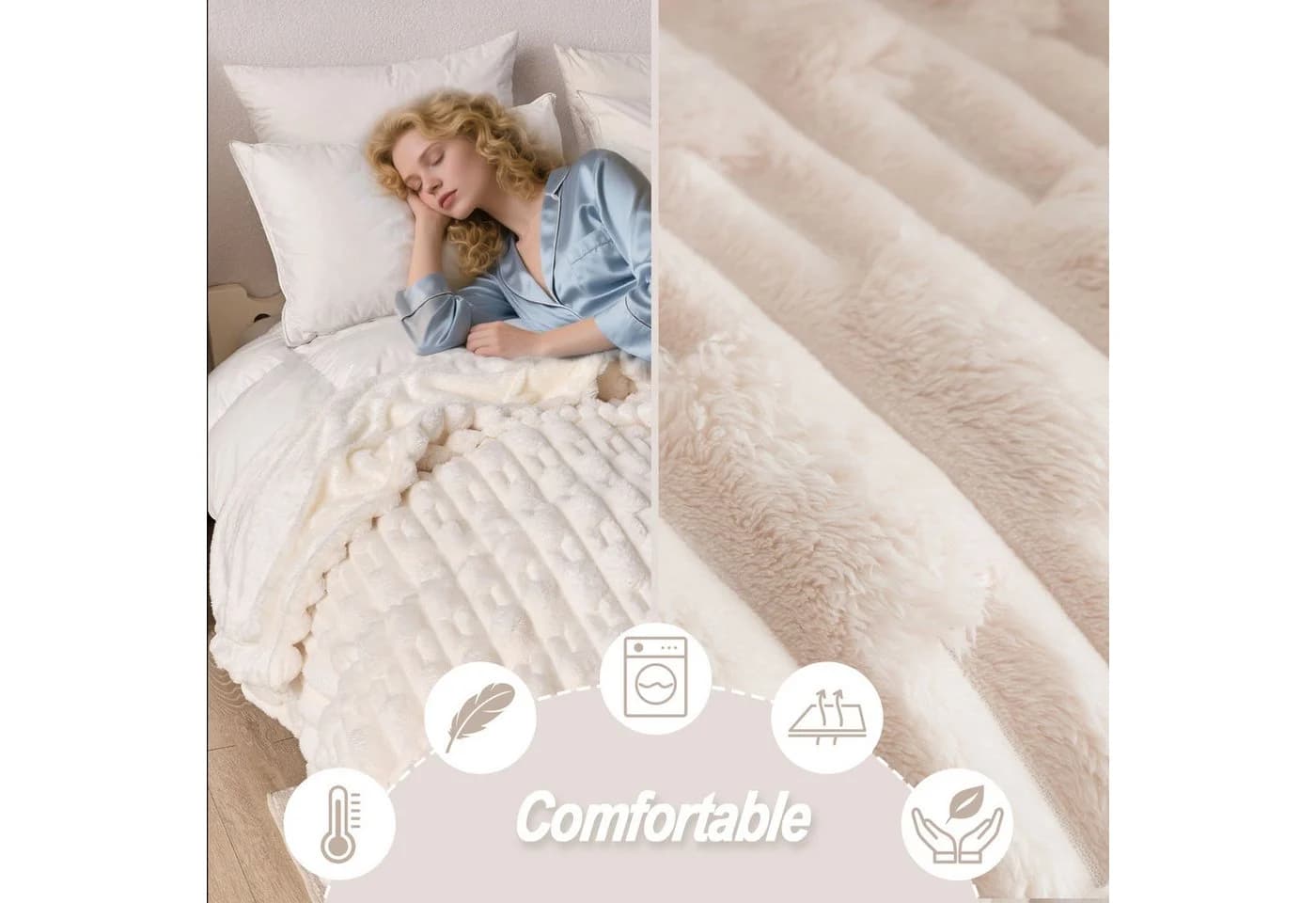KEAYOO Wohndecke MT09 Sherpa Fleece Kuscheldecke Beige - Bild 3