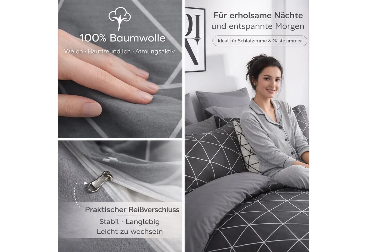 KEAYOO Bettwäsche Linienmuster aus Dreiecken 2-teilig Grau Baumwolle Mit Reißverschluss
