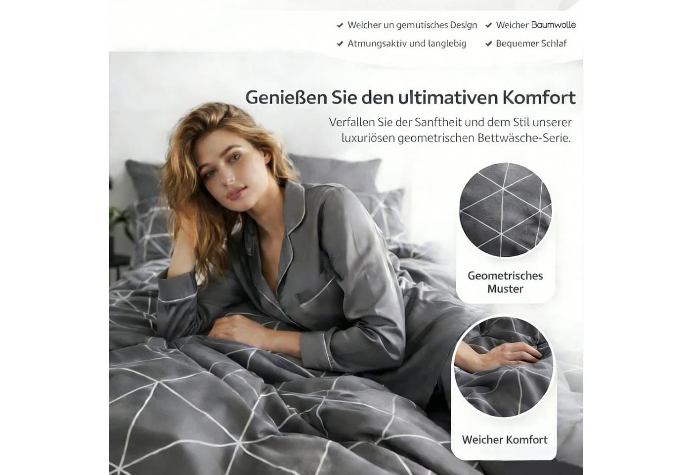 KEAYOO Bettwäsche Linienmuster aus Dreiecken 2-teilig Grau Baumwolle Mit Reißverschluss - Bild 3