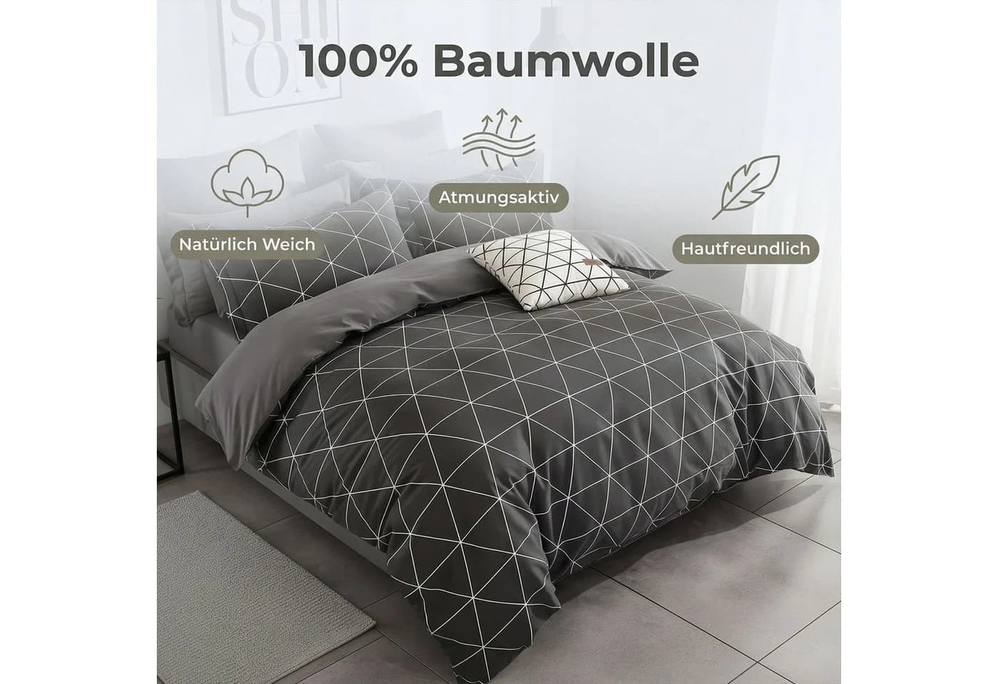 KEAYOO Bettwäsche Linienmuster aus Dreiecken 4-teilig Grau Baumwolle Mit Reißverschluss - Bild 4