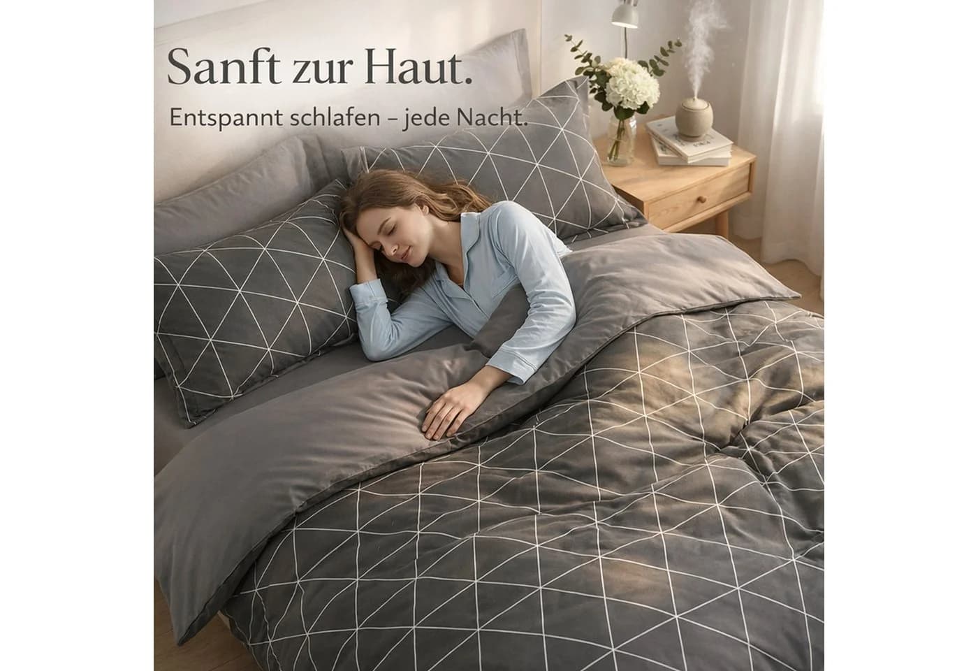 KEAYOO Bettwäsche Linienmuster aus Dreiecken 4-teilig Grau Baumwolle Mit Reißverschluss - Bild 5