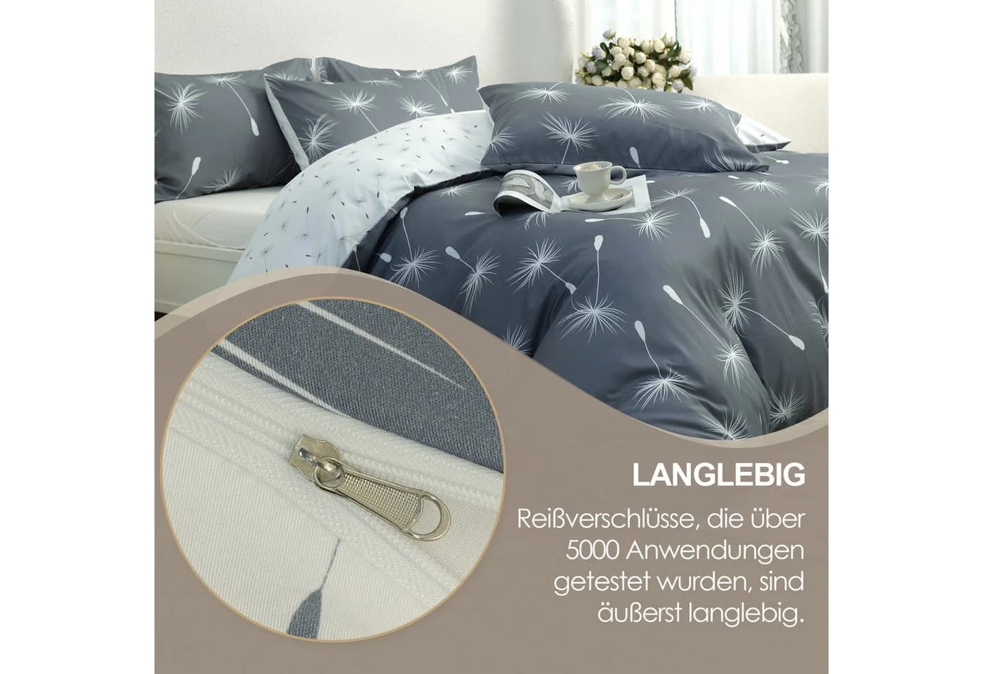KEAYOO Bettwäsche Löwenzahnsamen Baumwolle 4-teilig Pusteblumen-Design Grau - Bild 4