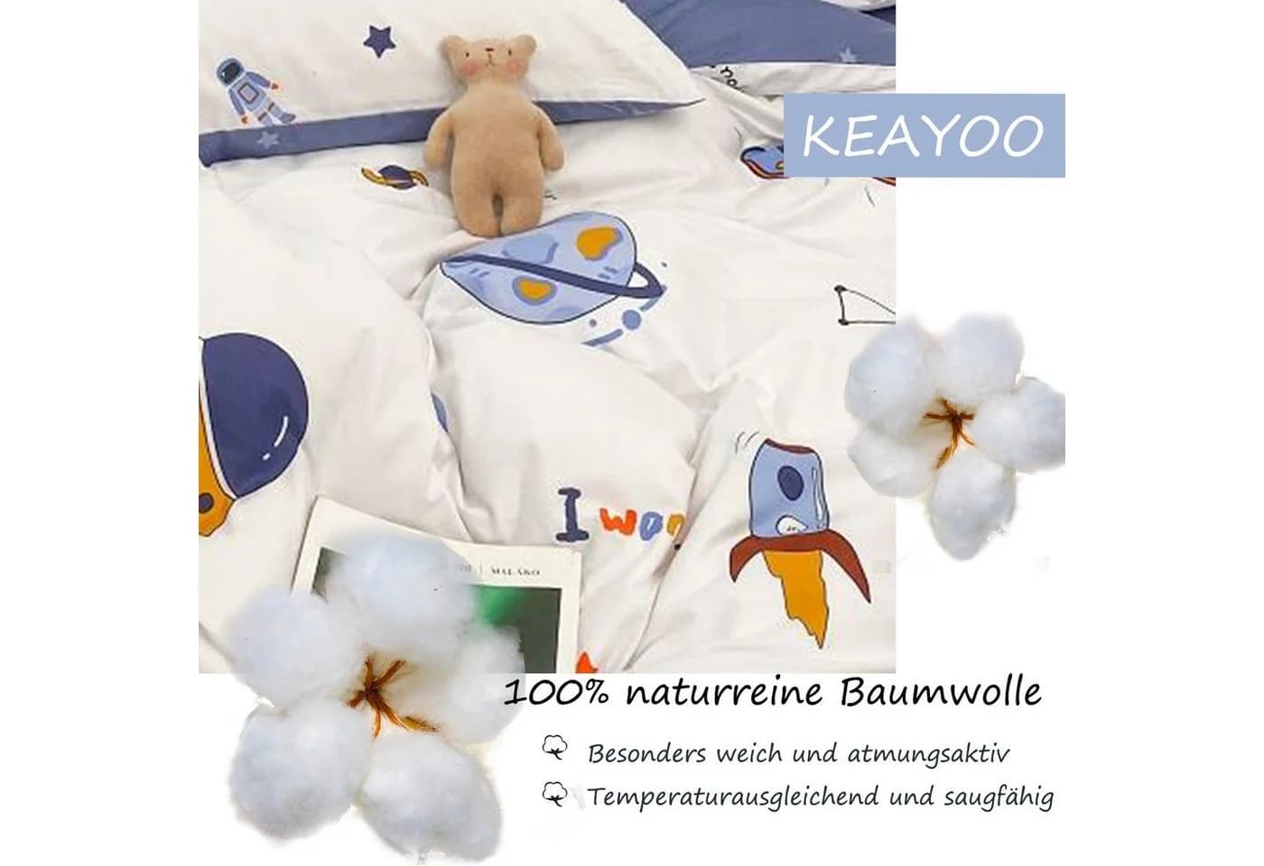 KEAYOO Bettwäsche TKLX Baumwolle 2-teilig Kinderbettwäsche Raumfahrzeug