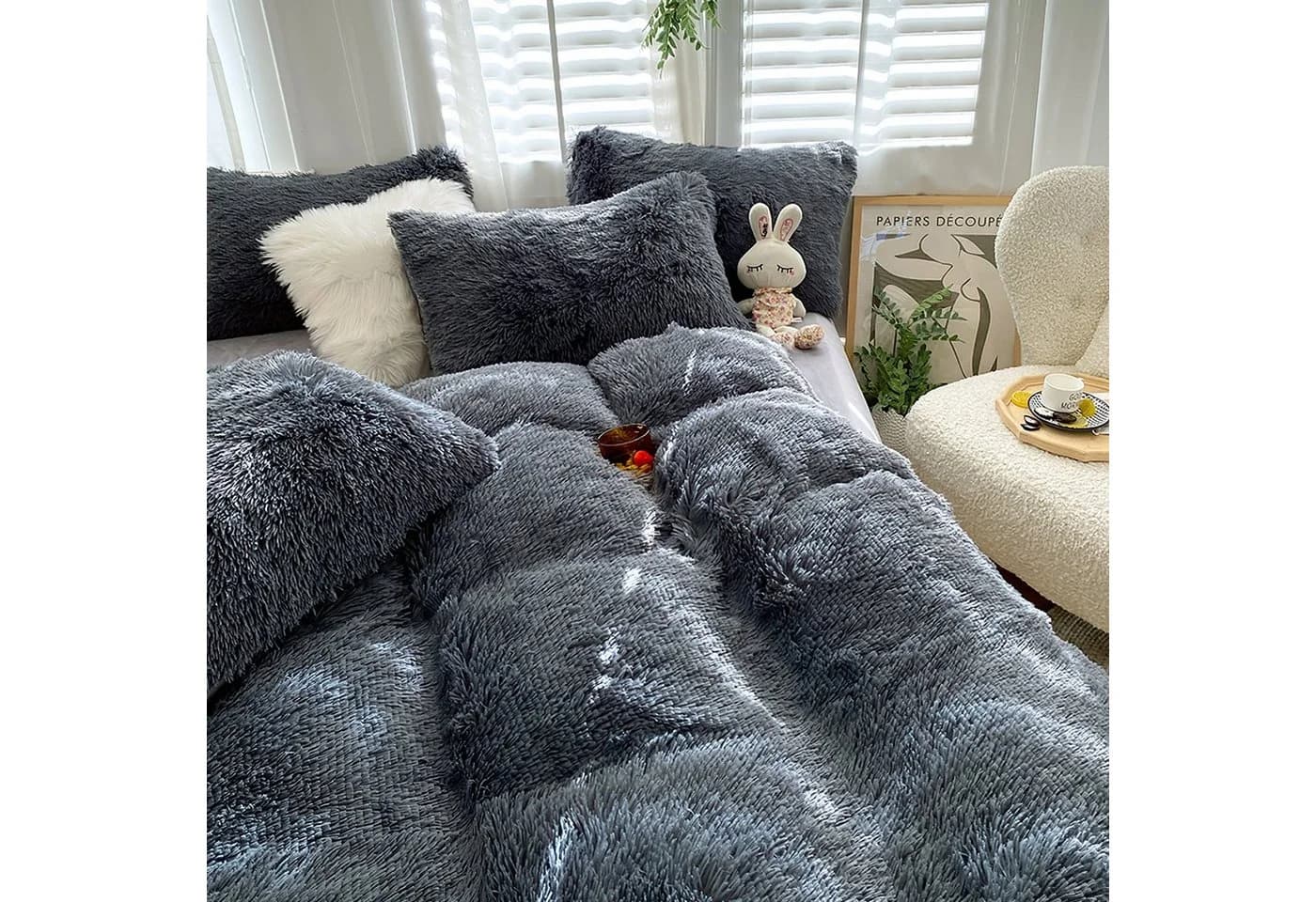 KEAYOO Bettwäsche SD 2-teilig Polyester Teddy Plüsch Wendebettwäsche Anthrazit