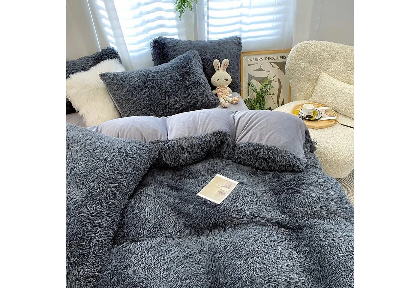 KEAYOO Bettwäsche SD 2-teilig Polyester Teddy Plüsch Wendebettwäsche Anthrazit - Bild 3