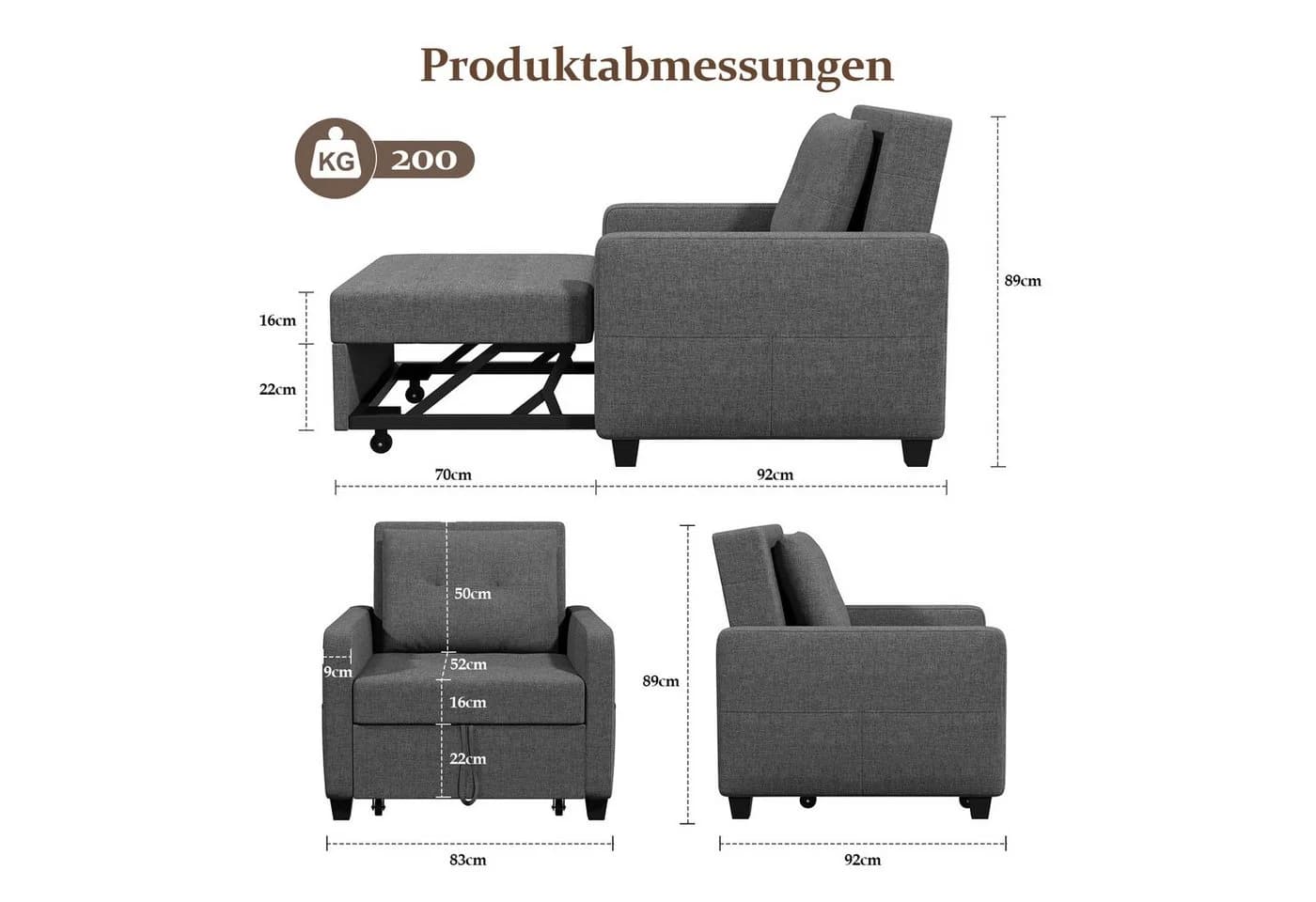 OUNUO Schlafsofa Klein 3 in 1 Klappsofa Schlafhocker Bettfunktion Dunkelgrau