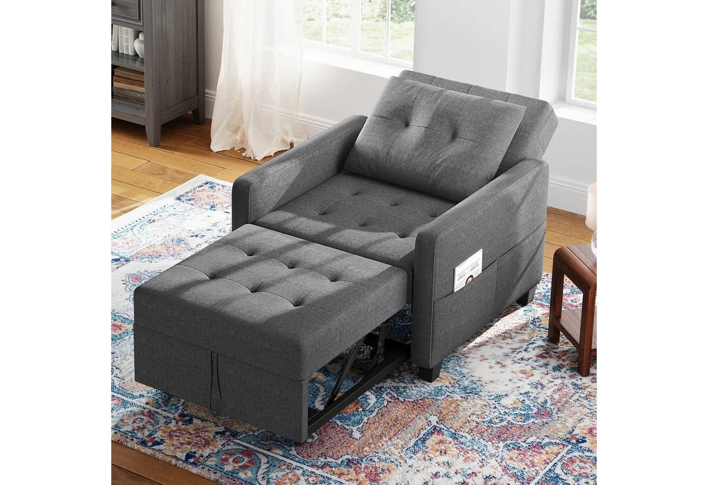 OUNUO Schlafsofa Klein 3 in 1 Klappsofa Schlafhocker Bettfunktion Dunkelgrau - Bild 2