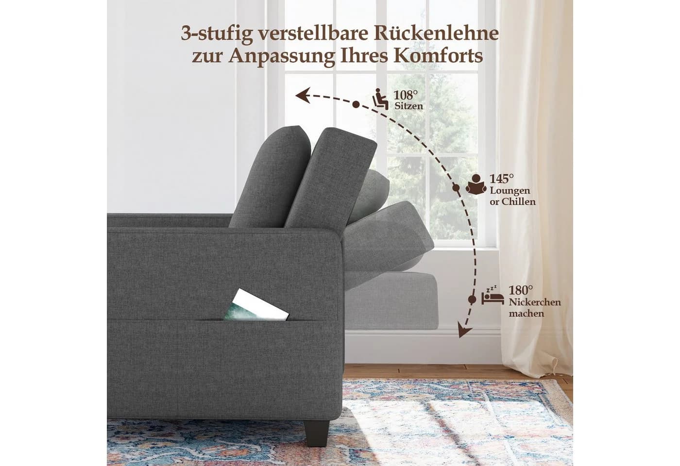 OUNUO Schlafsofa Klein 3 in 1 Klappsofa Schlafhocker Bettfunktion Dunkelgrau - Bild 3