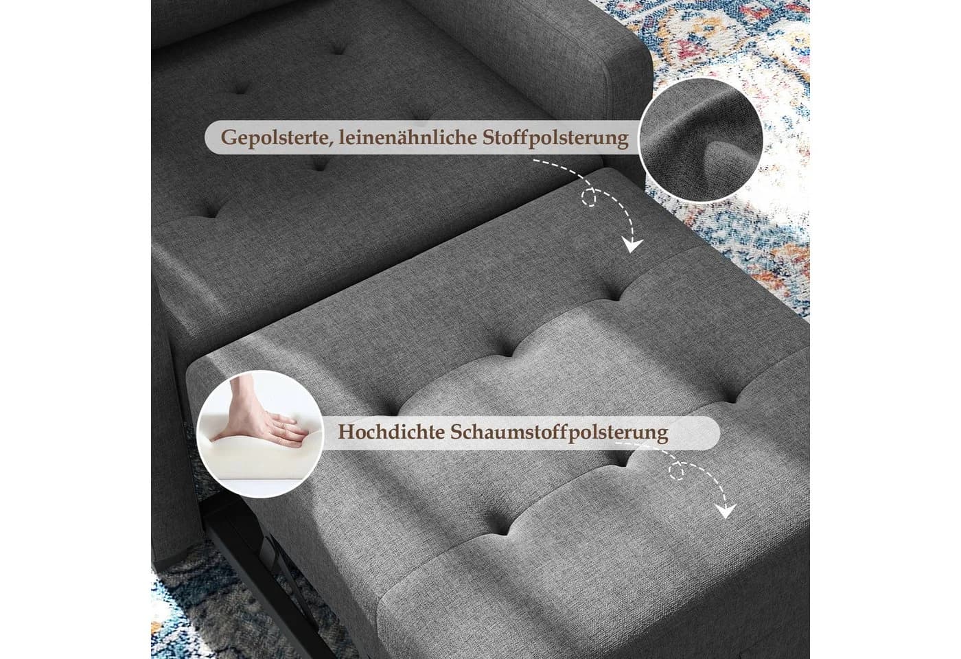 OUNUO Schlafsofa Klein 3 in 1 Klappsofa Schlafhocker Bettfunktion Dunkelgrau - Bild 4