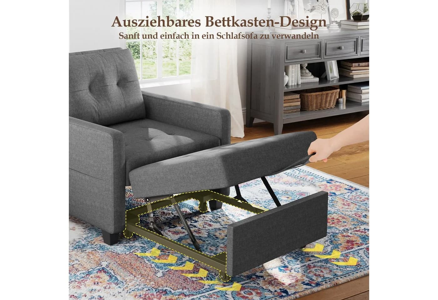 OUNUO Schlafsofa Klein 3 in 1 Klappsofa Schlafhocker Bettfunktion Dunkelgrau - Bild 5