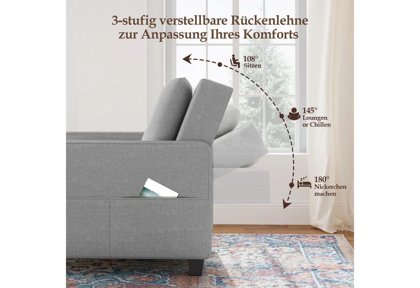 OUNUO Schlafsofa Klein 3 in 1 Klappsofa mit Bettfunktion Hellgrau - Bild 3