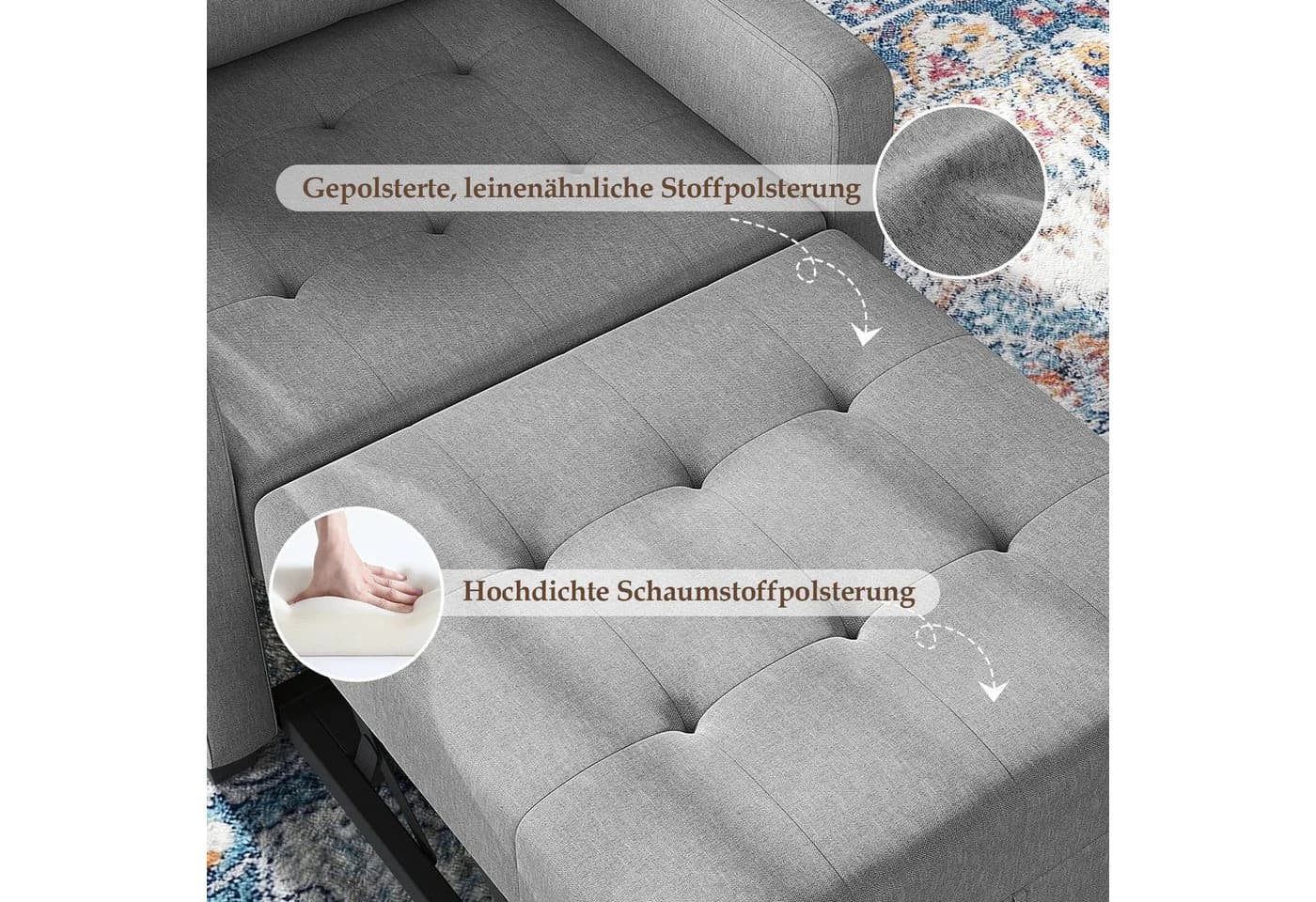 OUNUO Schlafsofa Klein 3 in 1 Klappsofa mit Bettfunktion Hellgrau - Bild 4