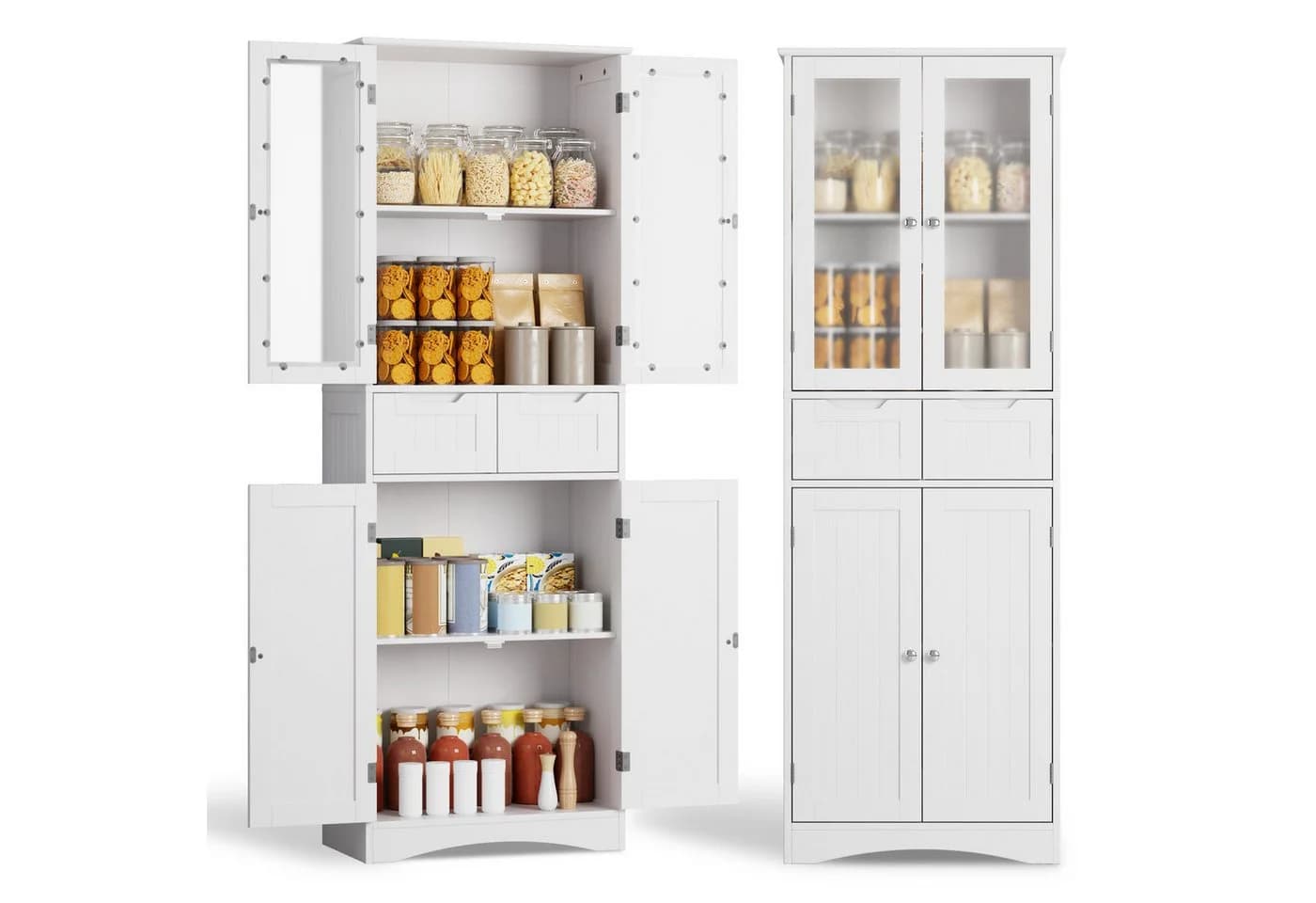 Bealife Hochschrank Badregal Bücherschrank mit 2 Schubladen und 2 Türen Vitrinenschrank Weiß - Bild 2