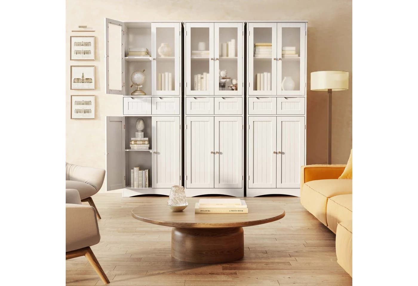 Bealife Hochschrank Badregal Bücherschrank mit 2 Schubladen und 2 Türen Vitrinenschrank Weiß - Bild 5