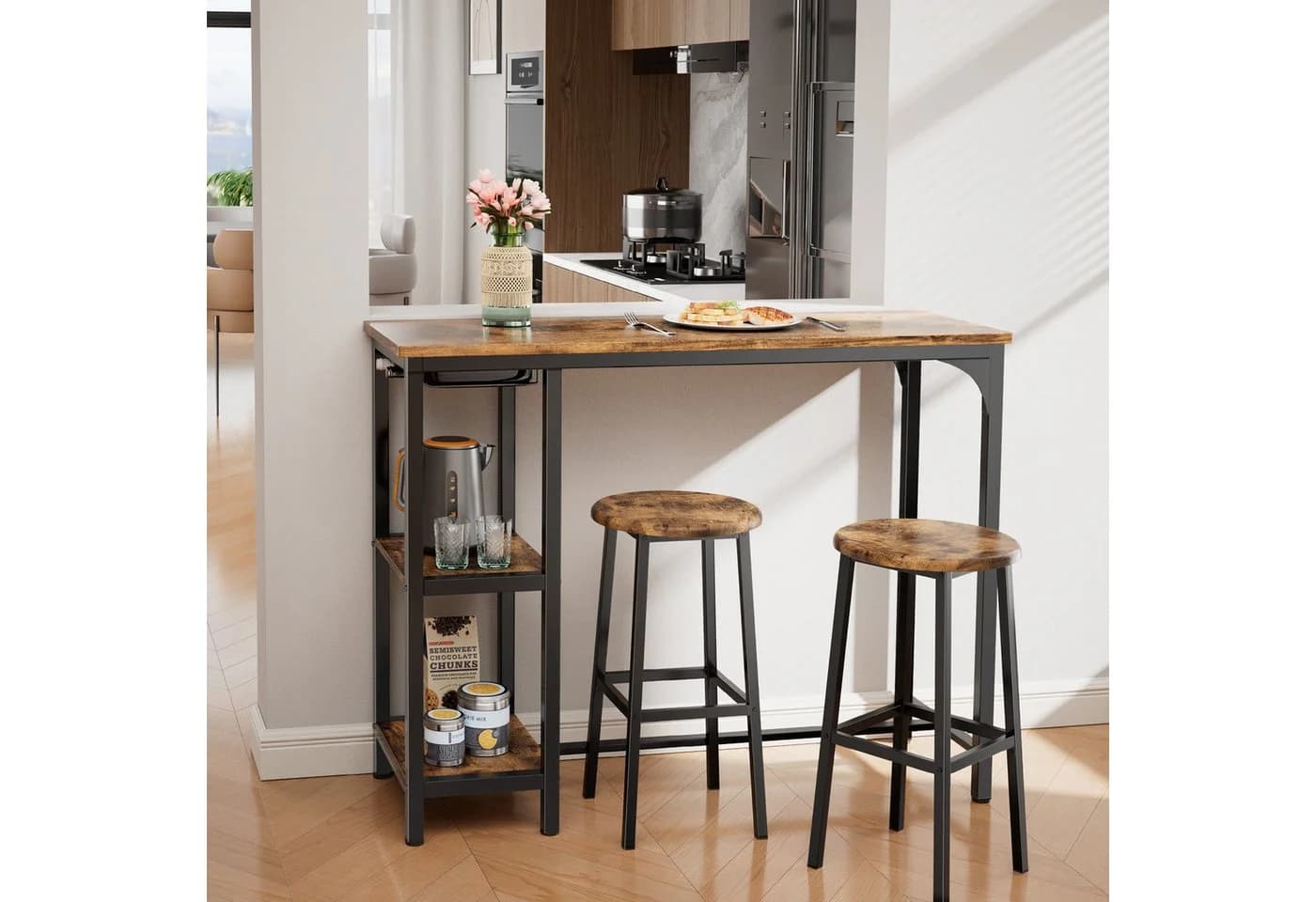 Bealife Essgruppe Esstisch mit 2 Stühlen, 3-tlg Bartisch, Küchentisch für Küche, Esszimmer, Platzsparende Stühle