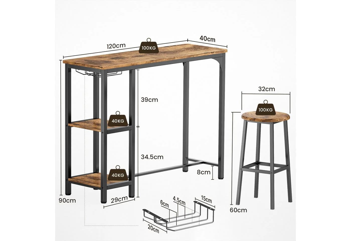 Bealife Essgruppe Esstisch mit 2 Stühlen, 3-tlg Bartisch, Küchentisch für Küche, Esszimmer, Platzsparende Stühle - Bild 4