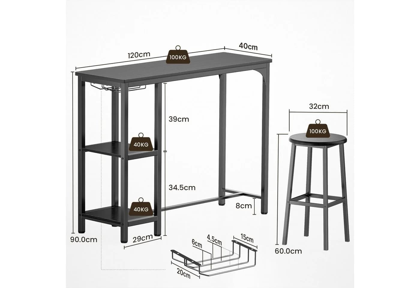 Bealife Essgruppe Esstisch mit 2 Stühlen, 3-tlg Bartisch, Küchentisch für Küche, Esszimmer, Platzsparende Stühle - Bild 3