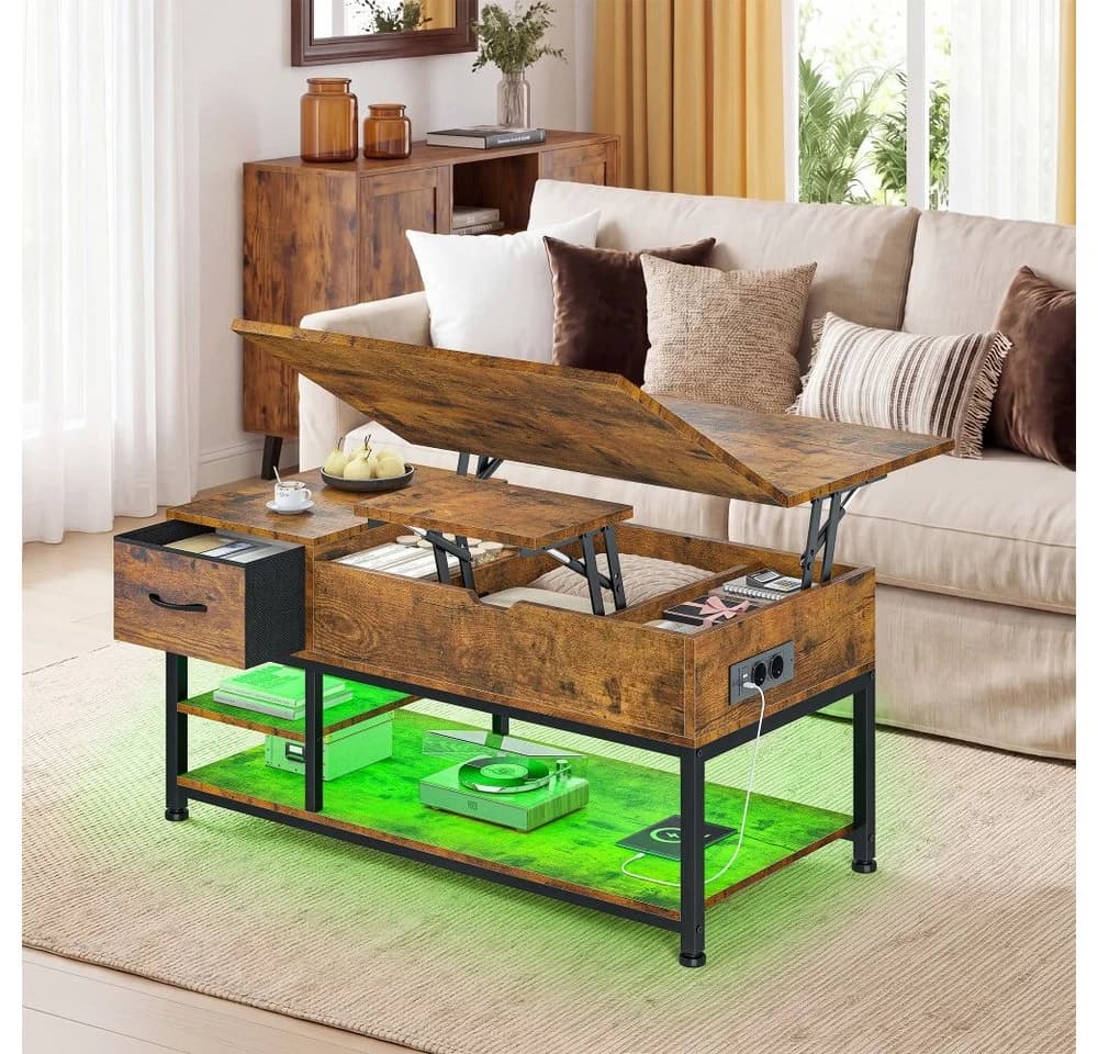 Klyvvo Höhenverstellbarer Couchtisch mit LED, Stauraum & Steckdosen Braun
