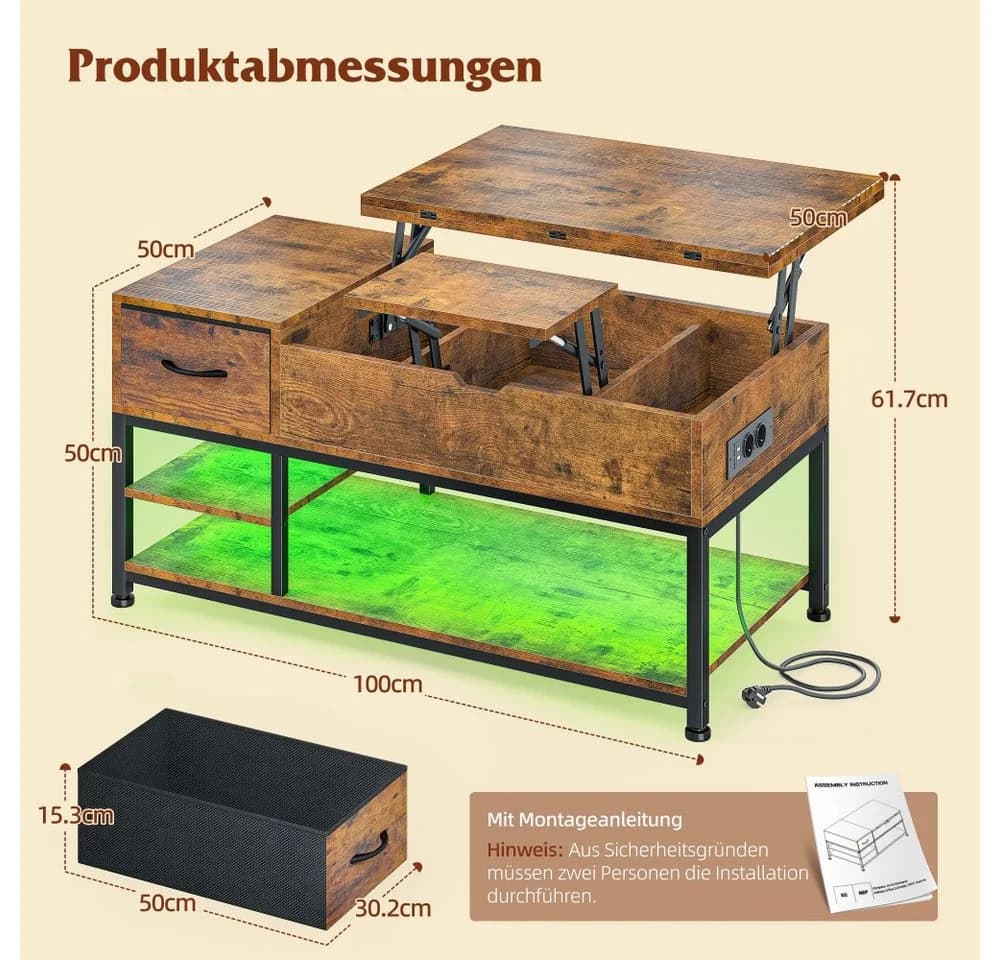 Klyvvo Höhenverstellbarer Couchtisch mit LED, Stauraum & Steckdosen Braun - Bild 4