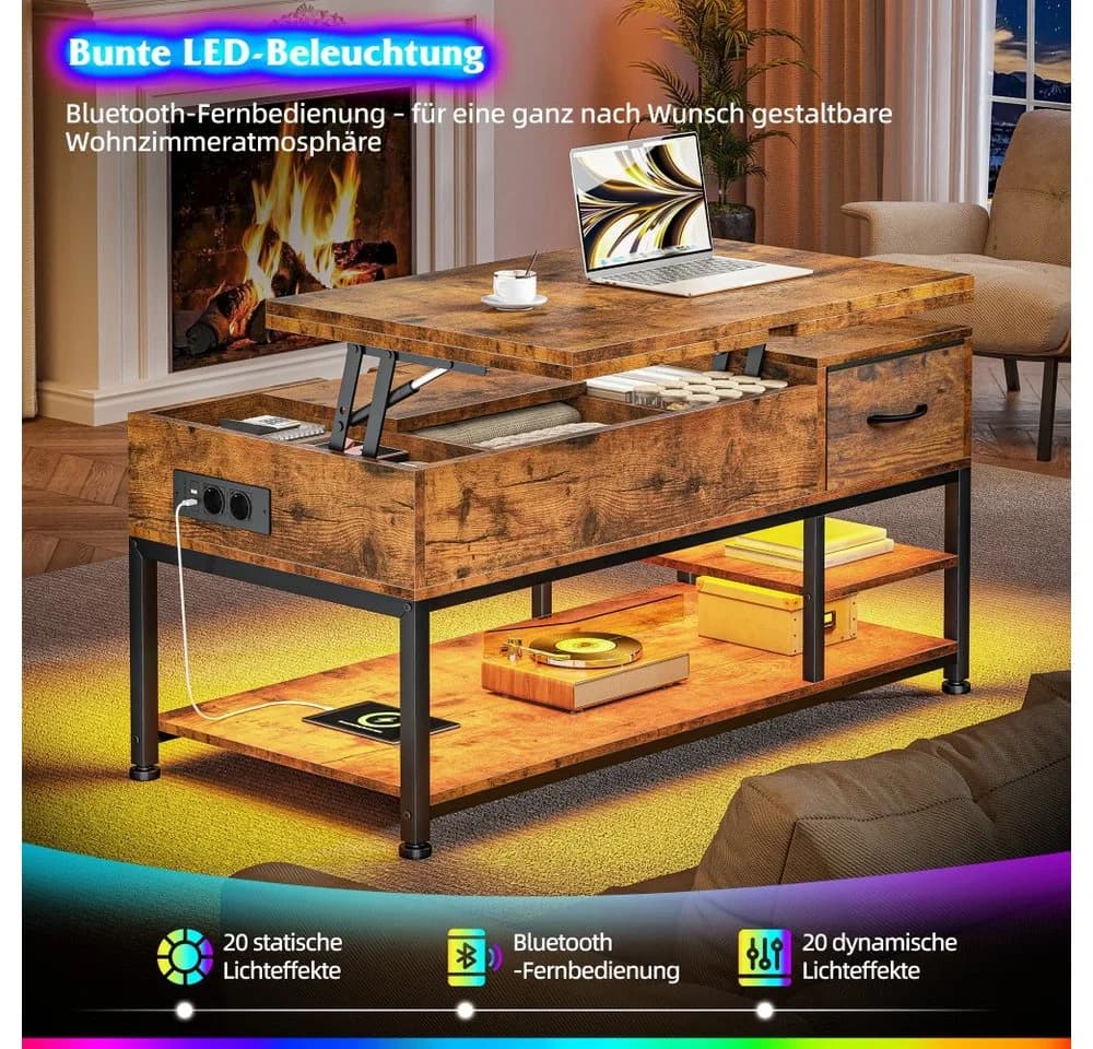 Klyvvo Höhenverstellbarer Couchtisch mit LED, Stauraum & Steckdosen Braun - Bild 5