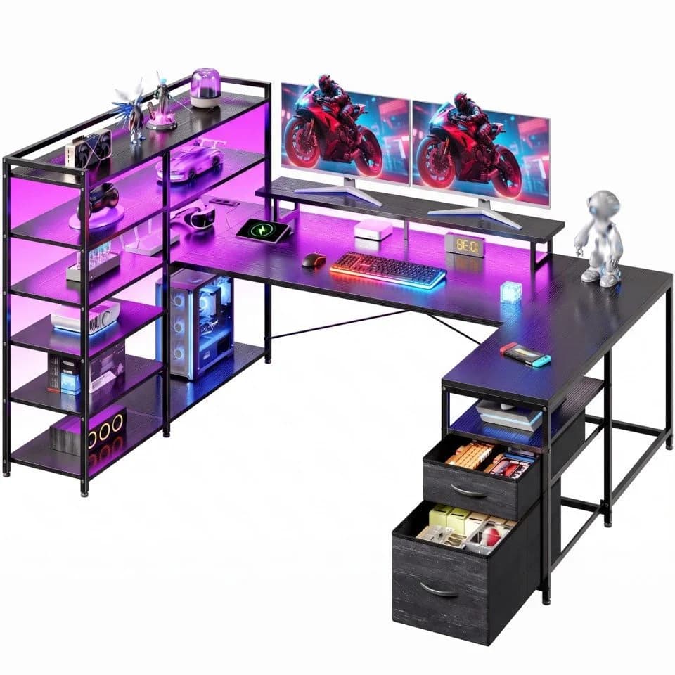 Klyvvo Eckschreibtisch U-Form Schwarz mit LED & Steckdosenleiste - Bild 2