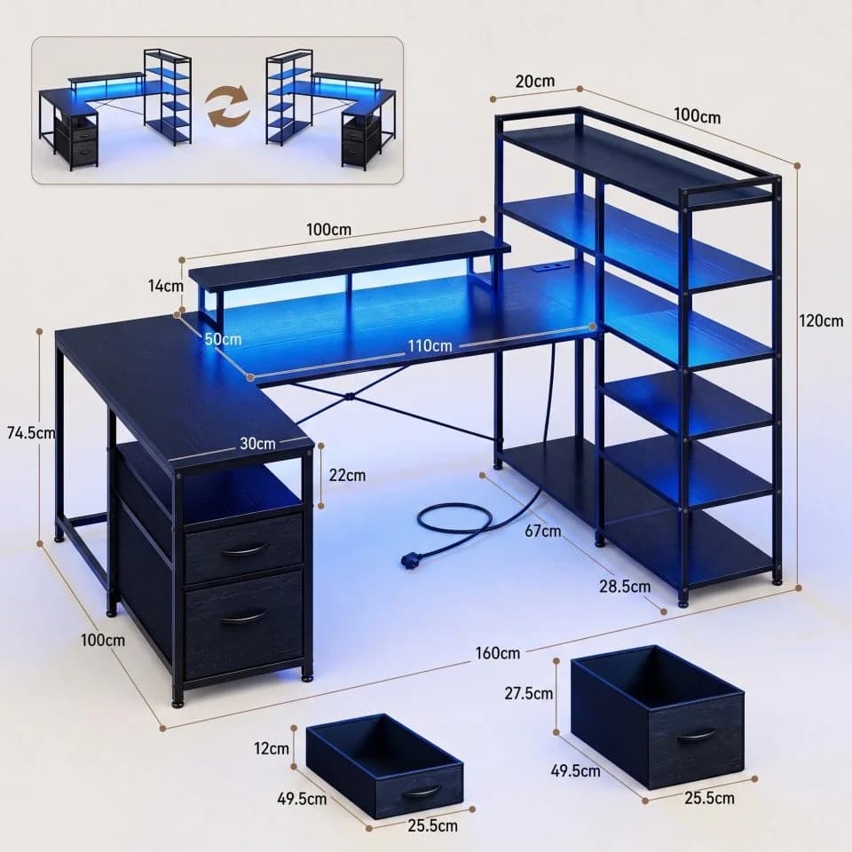 Klyvvo Eckschreibtisch U-Form Schwarz mit LED & Steckdosenleiste - Bild 3