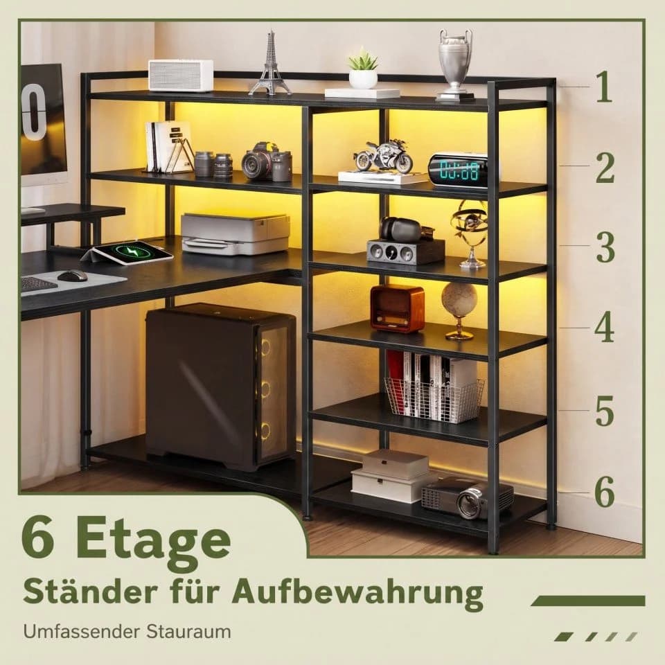 Klyvvo Eckschreibtisch U-Form Schwarz mit LED & Steckdosenleiste - Bild 4