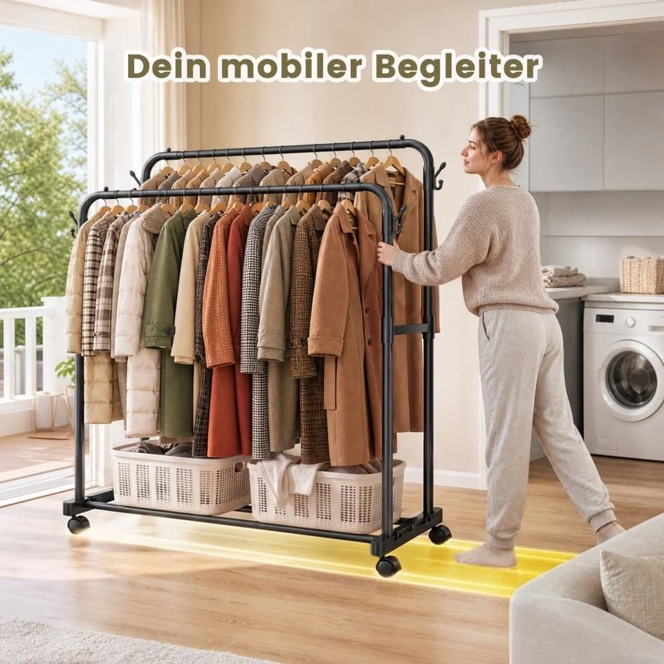 Klyvvo Doppelter Kleiderständer auf Rollen mit 4 Haken Schwarz - Bild 5