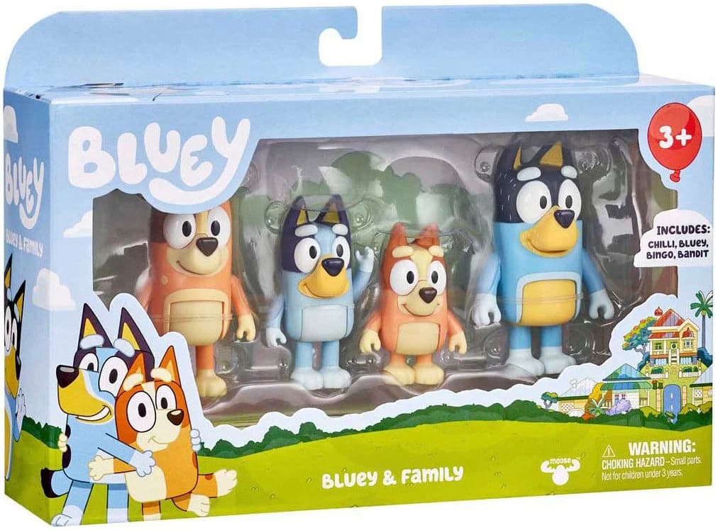 Bluey 4er-Figuren-Set Familie, Bingo, Bandit und Chilli, beweglich und verstellbar