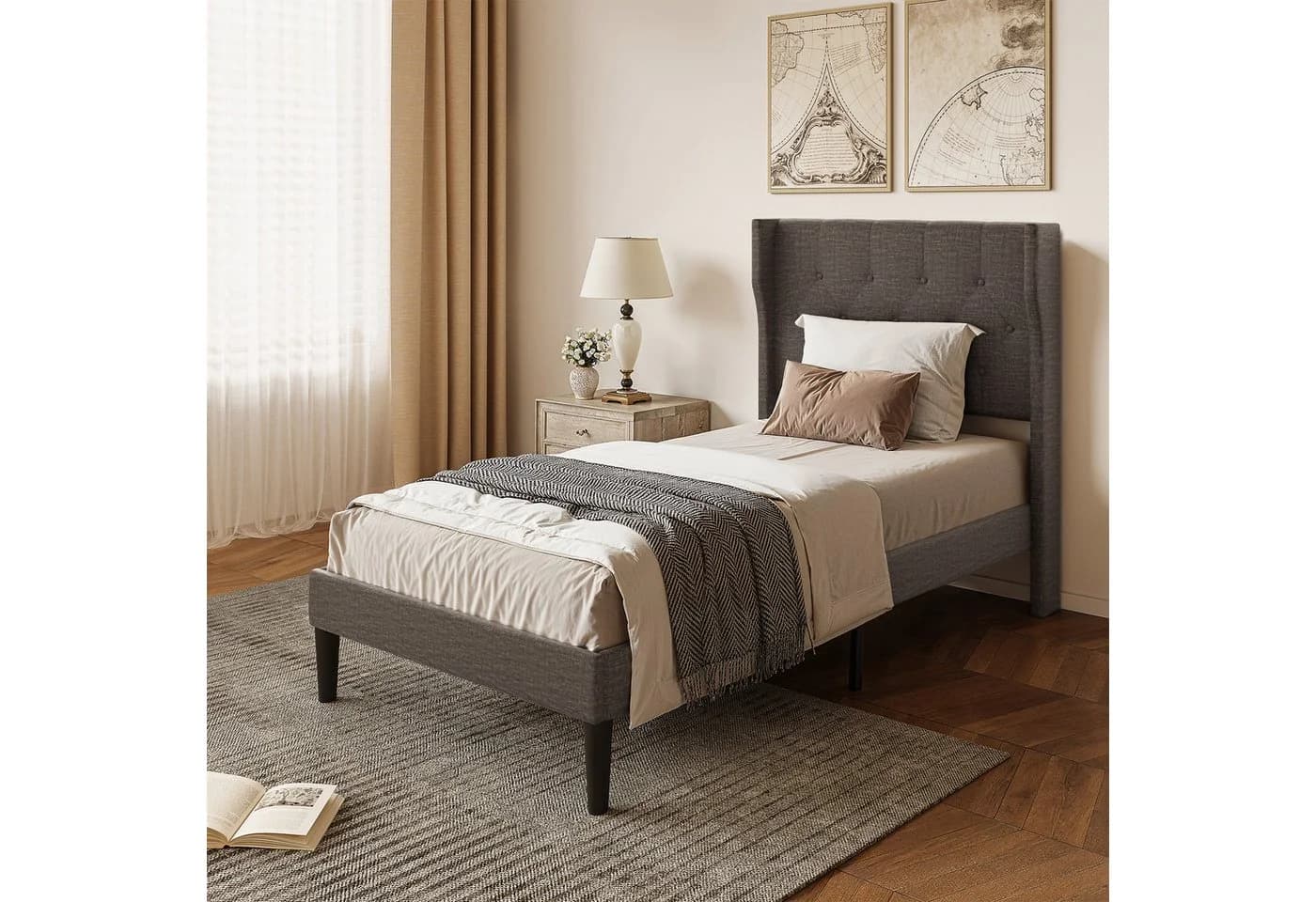 Bealife Bettgestell mit Kopfteil und Lattenrost Beige/Grau Metall - Bild 2