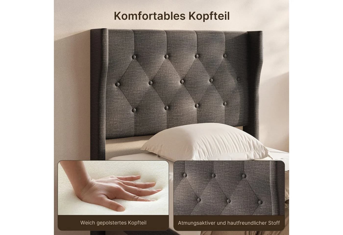 Bealife Bettgestell mit Kopfteil und Lattenrost Beige/Grau Metall - Bild 4