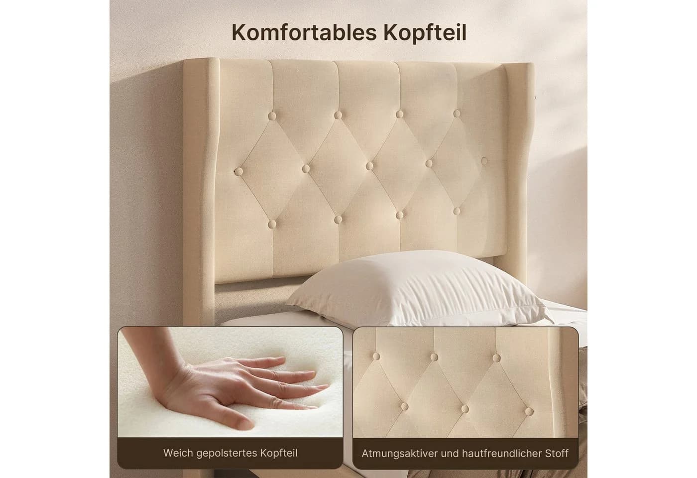 Bealife Bettgestell mit Kopfteil und Lattenrost Beige/Grau - Bild 4